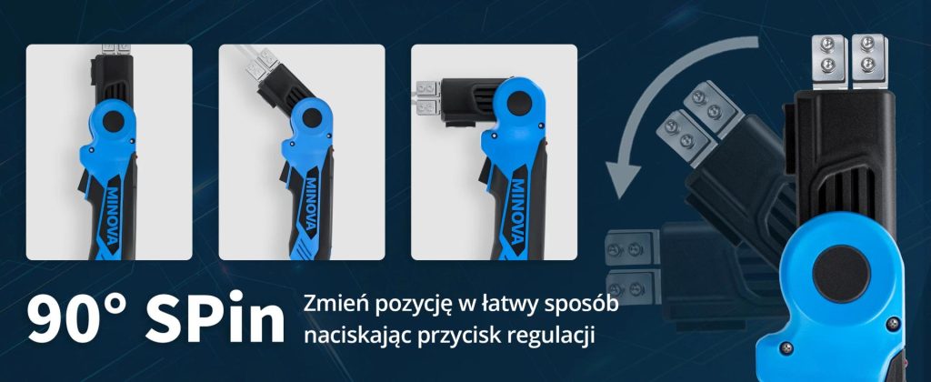 Minova Thermal Knife: Kék-fekete szerszám 90 fokos forgatási funkcióval. Ideális a legkülönbözőbb alkalmazásokhoz.